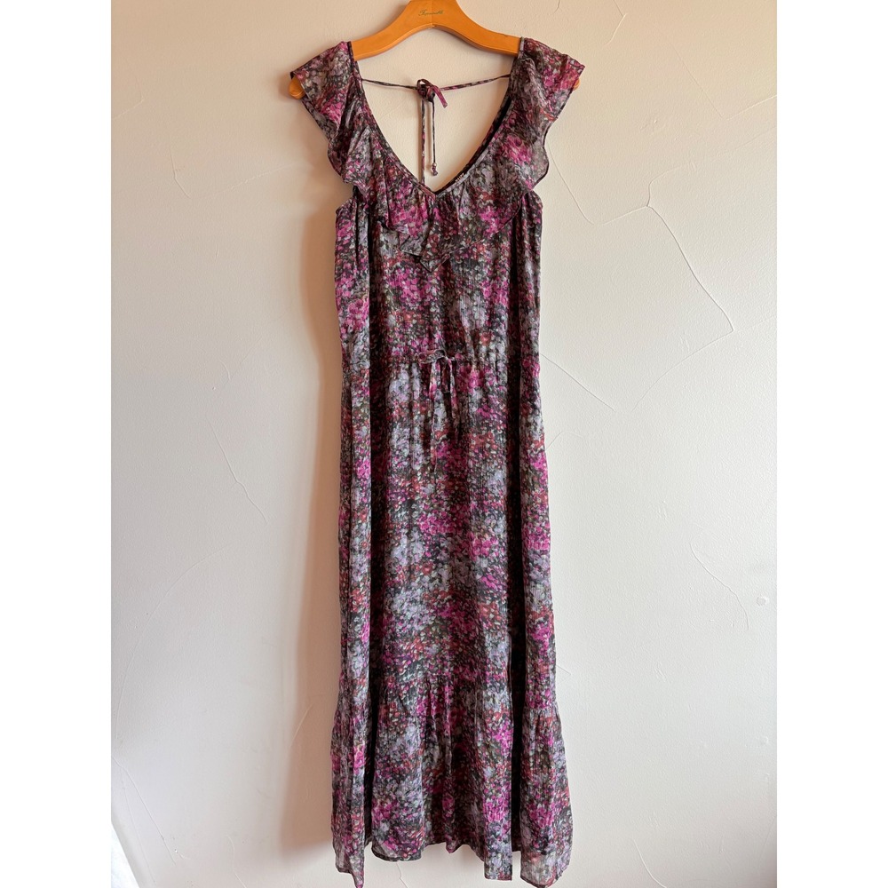 PAIGE Silk Magenta Floral Ruffle Maxi Fall Dress Small Tiered Boho V-Neck